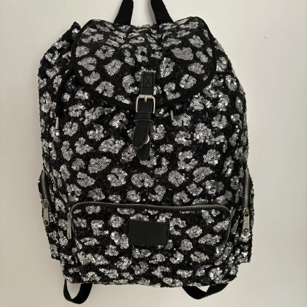 Victoria's Secret PINK BLACK LEOPARD CHEETAH FULL SEQUIN Bling Backpack Rare